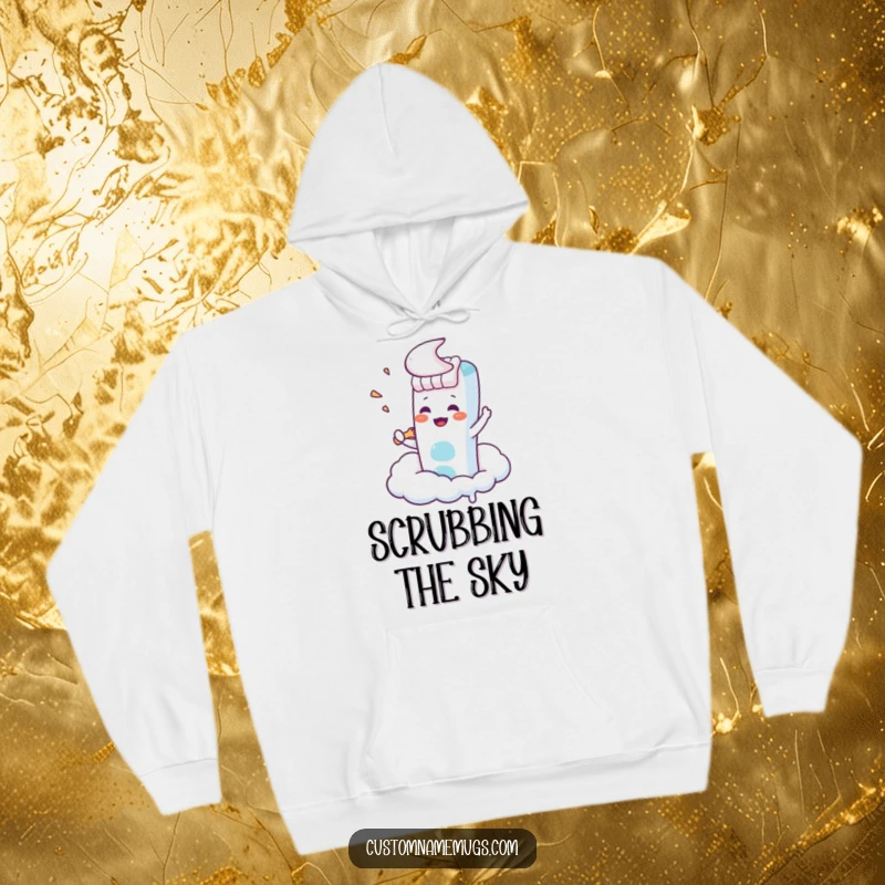 Funny Kawaii toothbrush character scrubbing a cloud with great effort, a cozy and humorous hoodie.