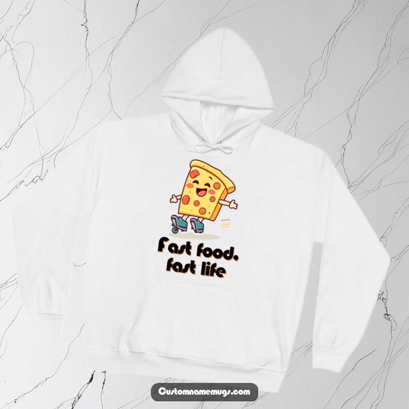 Funny pizza roller skater hoodie, a laughing pizza slice wearing roller skates zooms around, cozy and fun.