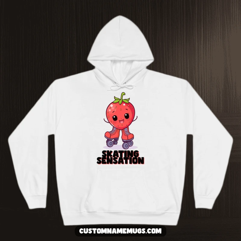 Funny hoodie with a cheerful strawberry character sporting oversized roller skates and wobbling, cozy and comical.