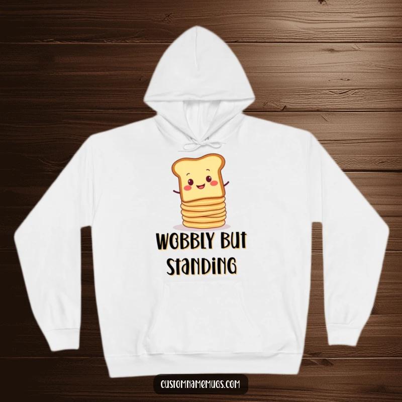 Funny hoodie with a smug slice of toast balancing a precarious stack of wobbly pancakes. Cozy and humorous apparel.