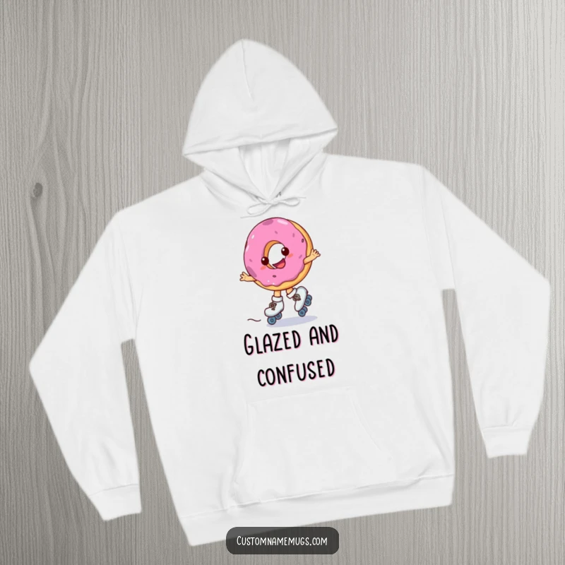 Funny hoodie depicting a smiling donut wearing roller skates and spinning erratically, offering humorous warmth and sweetness.