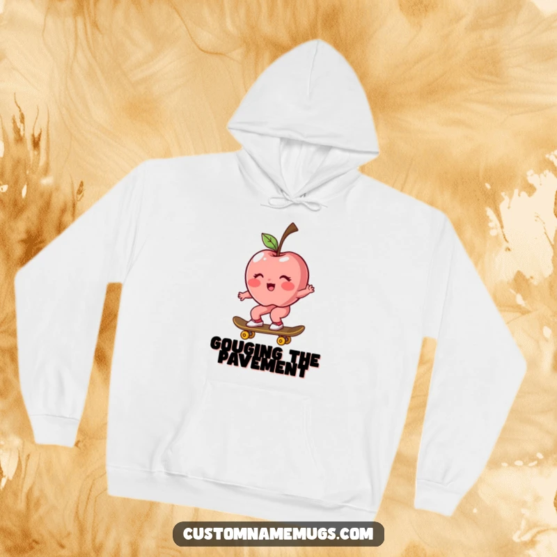 Funny hoodie with a blushing, rosy apple character riding a skateboard, offering cozy and humorous style.