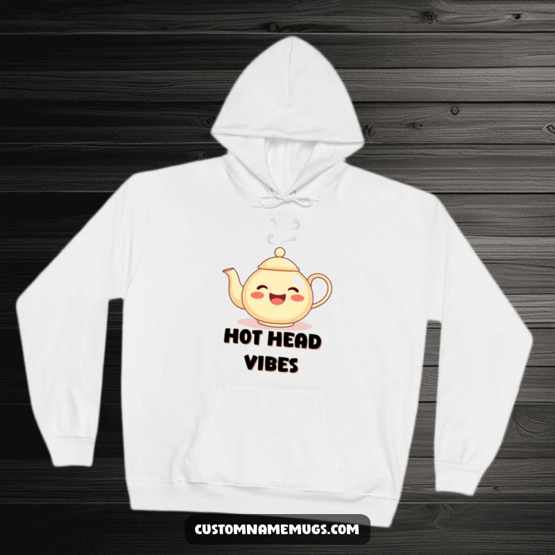 Funny hoodie showcasing a delighted teapot character with steam creating a funny face, ideal for cozy humor and a unique gift.