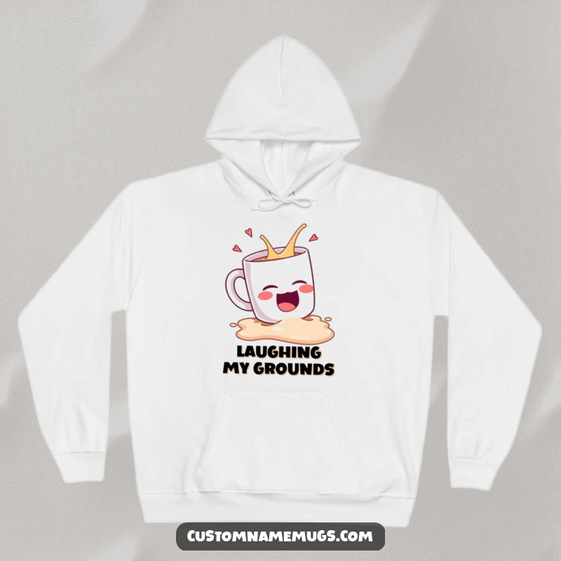 Funny Kawaii coffee mug character spilling itself while laughing hysterically, a cozy and humorous hoodie for coffee enthusiasts.