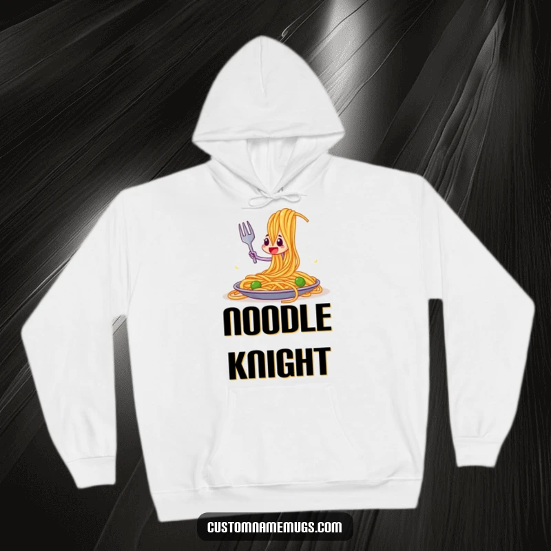Funny hoodie showing a determined fork character battling a colossal spaghetti strand in a humorous culinary duel.