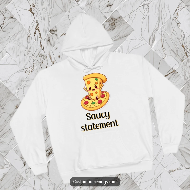 Funny cheese pizza hoodie showing a proud cheese slice character mid-fall into a delectable, oversized pizza, embodying cheesy joy.
