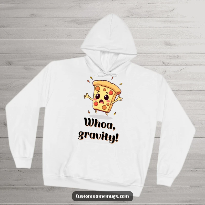 Funny hoodie featuring a pizza slice with arms flailing wildly during a fall, offering warmth and comedic relief.