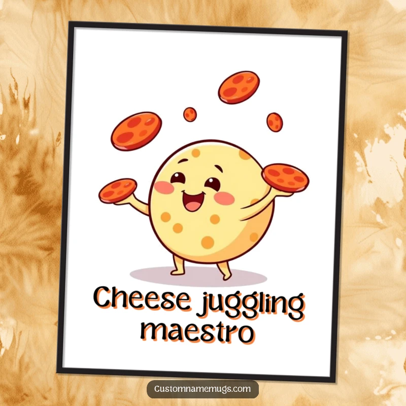 Funny Free Printable Wall Art: A round cheese character happily juggles pepperoni slices, pretending they are frisbees.