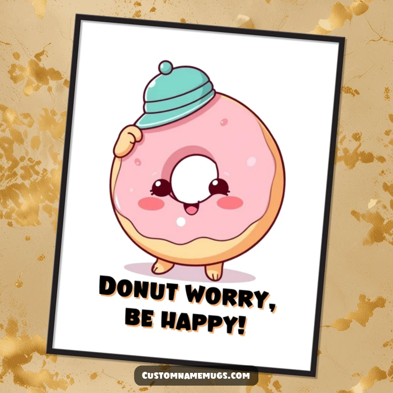 Funny Free Printable Wall Art: Cheerful donut comically attempting to wear a tiny hat, humorous cartoon decor.
