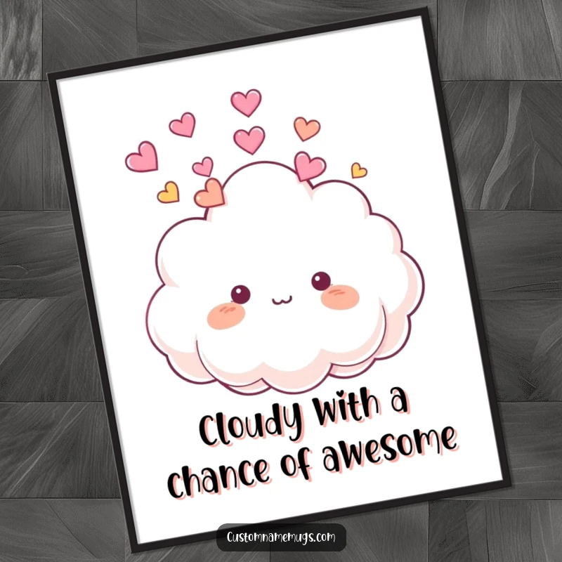 Funny Free Printable Wall Art: A cute fluffy cloud playfully raining colorful hearts onto its own head, cheerful.