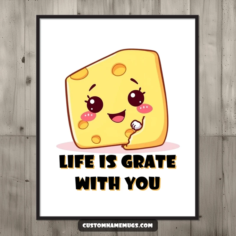 Funny Free Printable Wall Art: A mischievous cheese wedge character hiding playfully behind a giant cracker, its grin full of secrets.