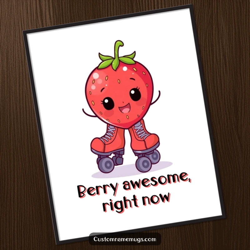 Funny Free Printable Wall Art: A cheerful strawberry character precariously balanced on huge roller skates, a delightful scene.