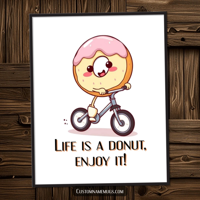 Funny Free Printable Wall Art: Smiling, round donut character with tiny legs enthusiastically riding a miniature unicycle, radiating joy and playful energy.