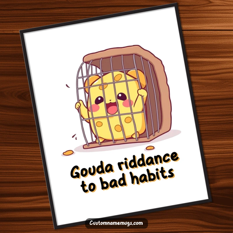 Funny free printable wall art: A happy, determined Kawaii cheese wedge character joyfully escaping a small, confining cage.
