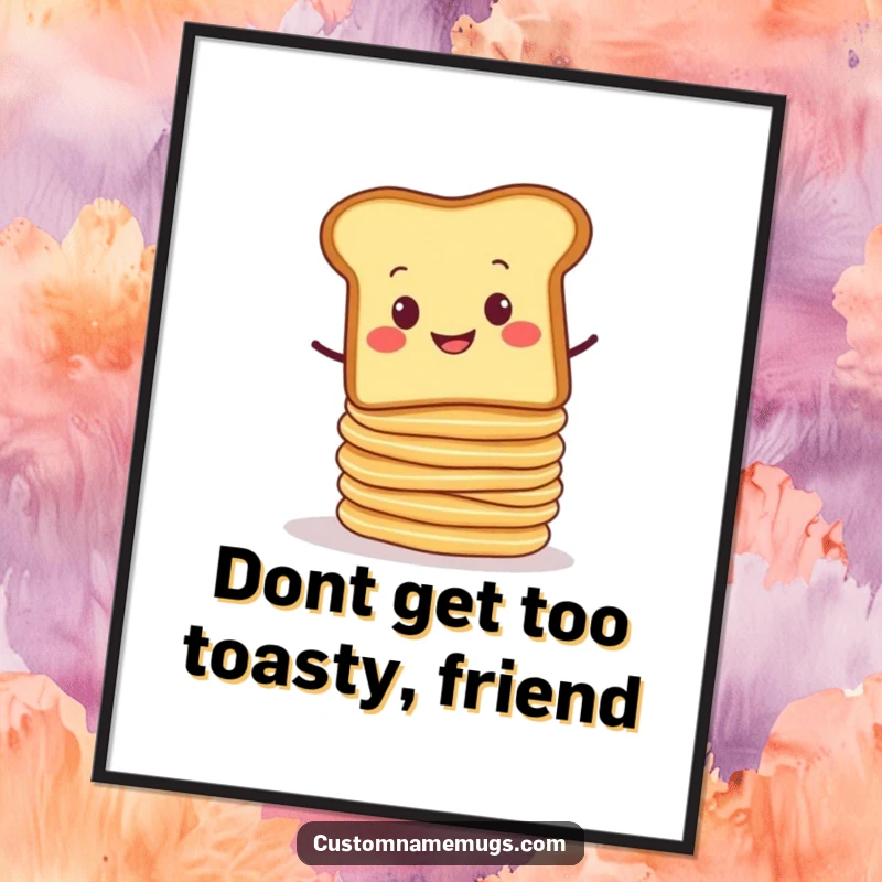 Funny Free Printable Wall Art: A slice of toast with a smug grin, hilariously balancing a tall, wobbly stack of pancakes that are about to tumble.