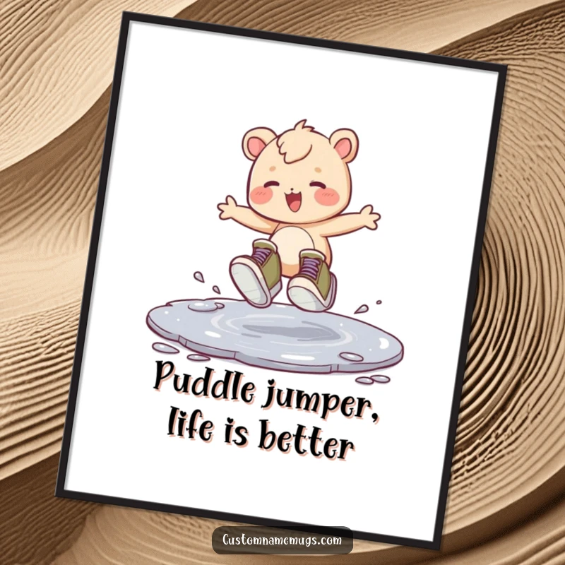 Funny Free Printable Wall Art: A little creature in oversized shoes joyfully hopping in a puddle, a whimsical decor piece.
