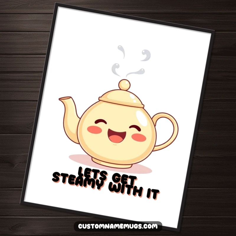 Funny Free Printable Wall Art: Delighted teapot character spills steam creating a silly face, quirky decor.