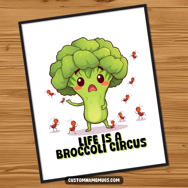 Funny Free Printable Wall Art: Surprised broccoli character comically juggling tiny dancing ants with a bewildered expression, a humorous digital download.