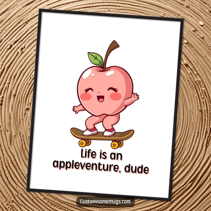 Funny Free Printable Wall Art: Rosy apple character blushing while awkwardly riding a skateboard downhill, a humorous digital download.