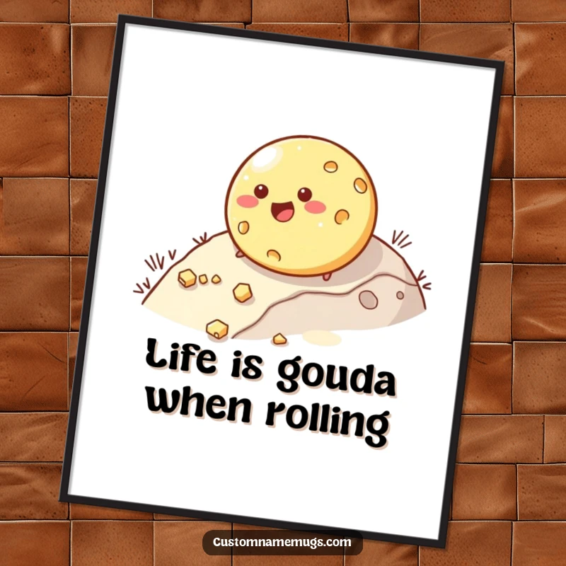 Funny Free Printable Wall Art: Happy round cheese character comically rolls downhill, losing small pieces.