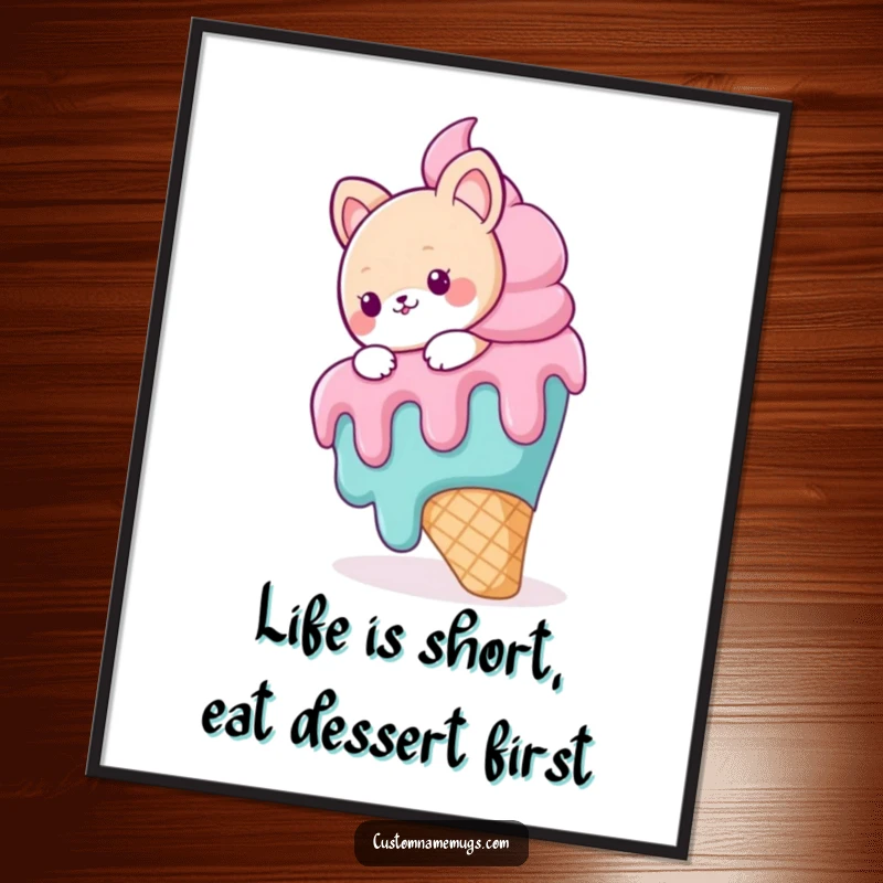 Funny Free Printable Wall Art: A cute animal character comically slipping on a giant melting ice cream cone, a whimsical decor piece.