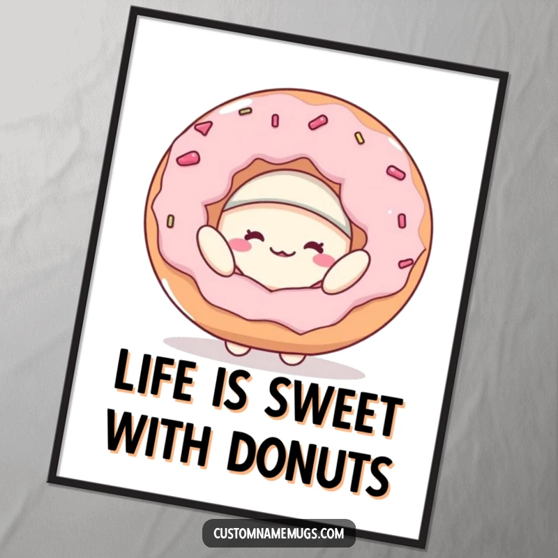 Funny Free Printable Wall Art: A cheerful blob character comically wearing a giant donut as a hat, a humorous decor piece.