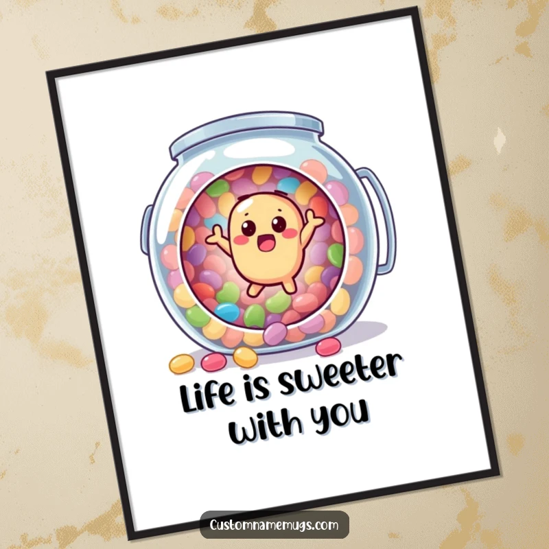 Funny Free Printable Wall Art: A surprised jellybean character bounces out of a giant candy jar, adding playful decor.