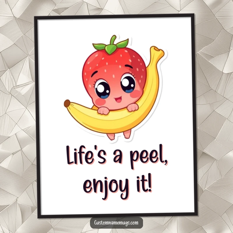 Funny Free Printable Wall Art: A cute strawberry character with wide eyes comically slipping on a banana peel.