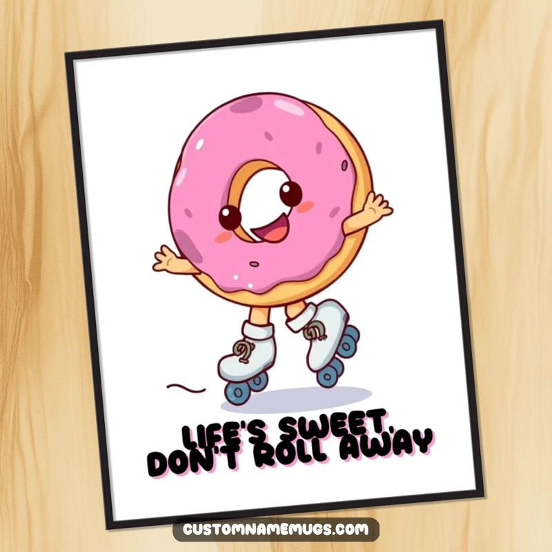 Funny free printable wall art: a smiling donut wearing roller skates spins erratically, creating a fun and whimsical visual.