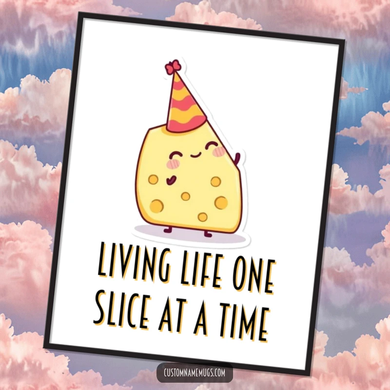 Funny Free Printable Wall Art: Jovial cheese wedge perfectly balanced with a miniature party hat on its head.