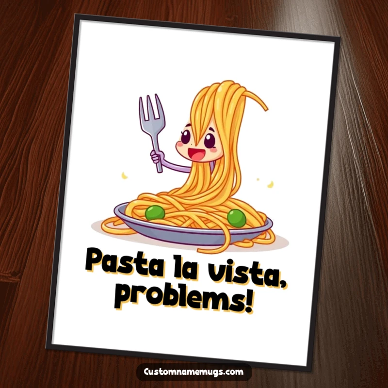 Funny Free Printable Wall Art: A brave fork character in a comical joust with a massive spaghetti strand, a whimsical scene.