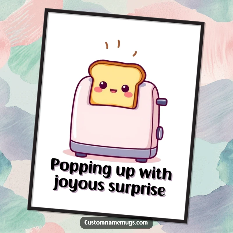 Funny free printable wall art of a tiny, smiling toast unexpectedly popping out of a toaster, looking surprised and ready to start the day.