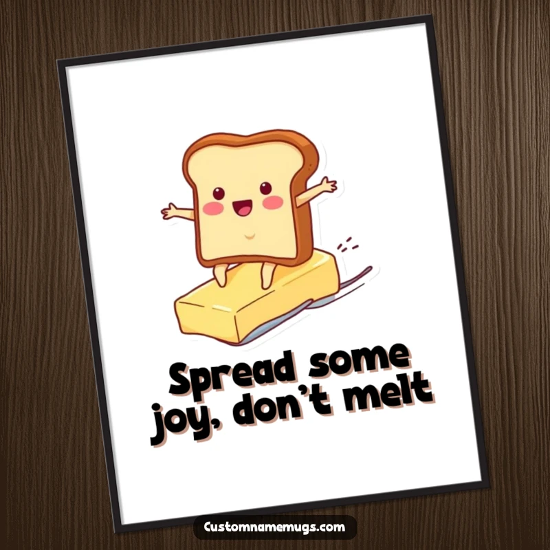 Funny free printable wall art featuring a cheerful toast character hilariously surfing on a runaway pat of butter, perfect for kitchens.