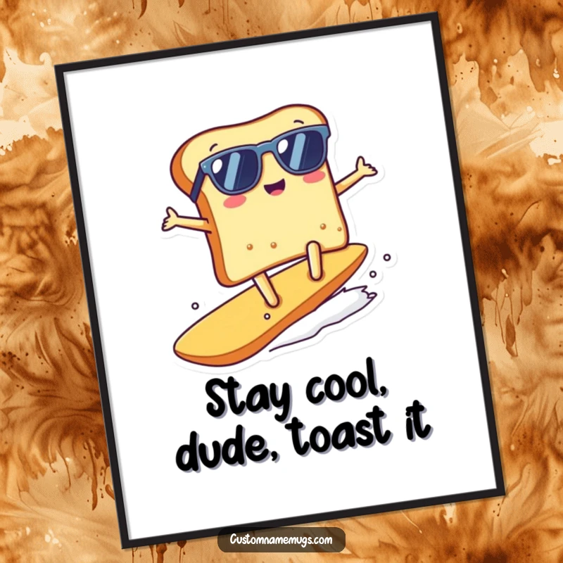 Funny Free Printable Wall Art: A Kawaii toast character wearing sunglasses surfs a giant crumb with cool confidence, downloadable art.