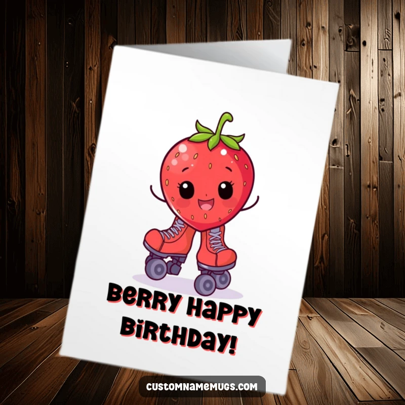 Funny Free Printable Birthday Card: A cheerful strawberry character bravely wobbling on oversized roller skates, ready for birthday fun.