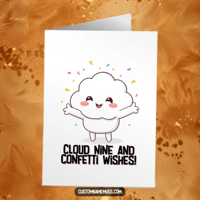 Funny Free Printable Birthday Card: Smiling cloud character joyfully receiving a shower of colorful confetti.