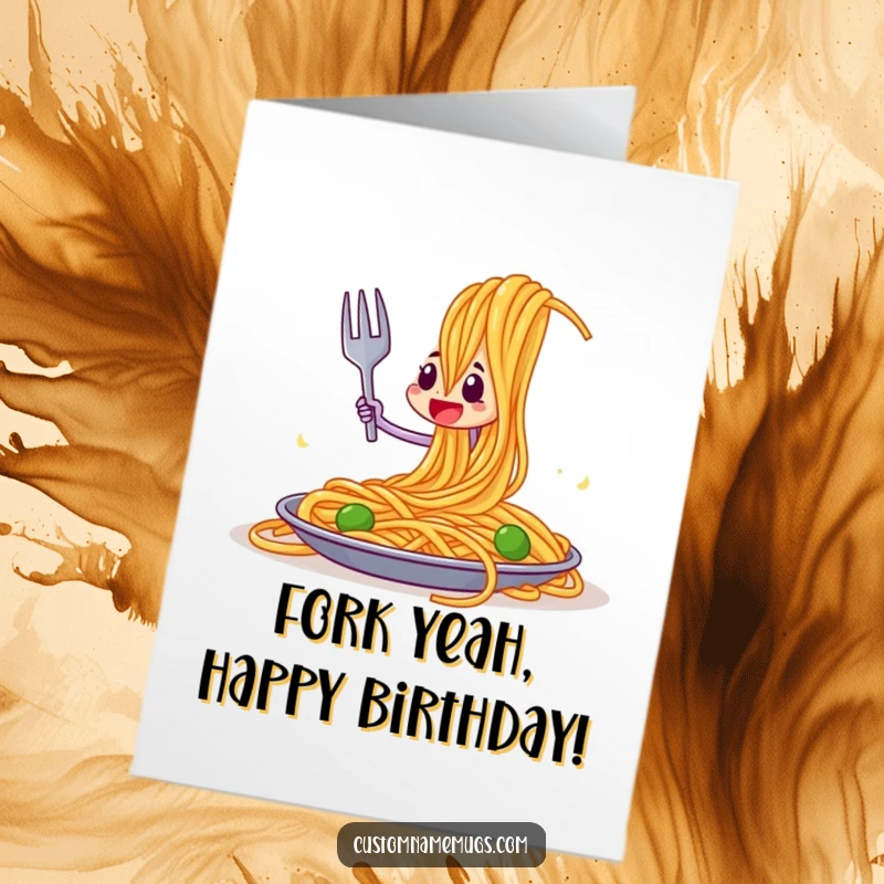 Funny Free Printable Birthday Card: A brave fork character fiercely jousting a giant spaghetti strand, ready to conquer.