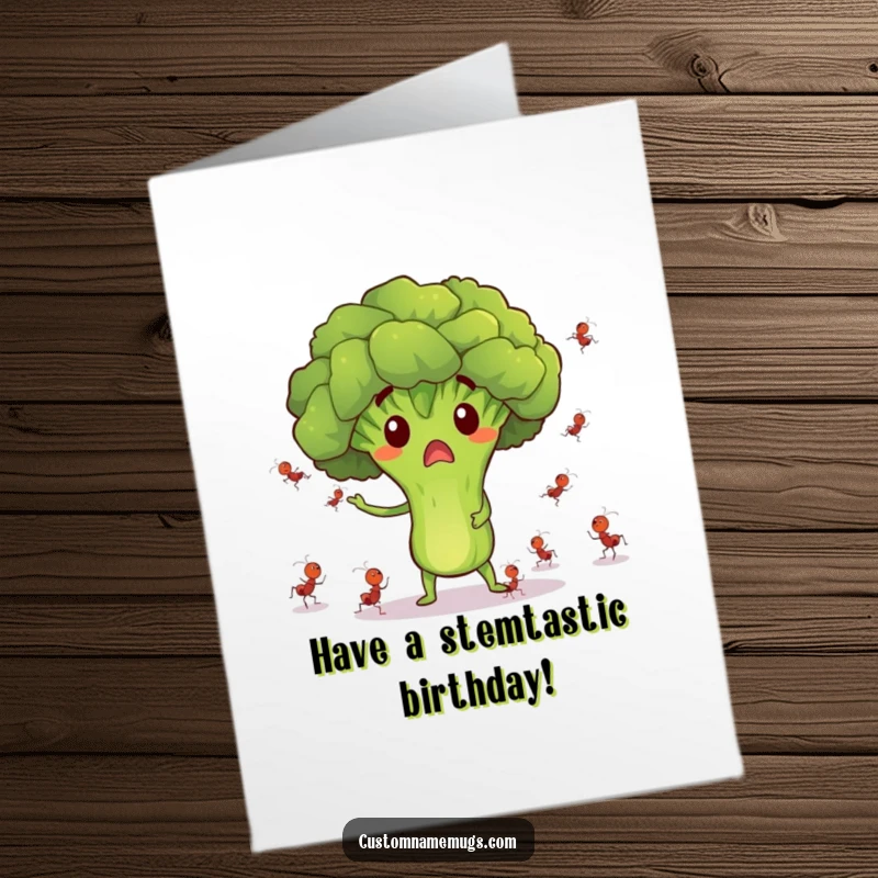 Funny Free Printable Birthday Card: Surprised broccoli character comically juggling tiny dancing ants with a bewildered expression.