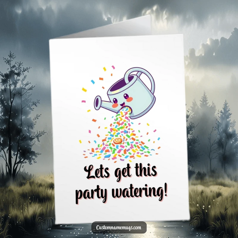 Funny Free Printable Birthday Card: Joyful watering can tipping over, unleashing a vibrant explosion of confetti.