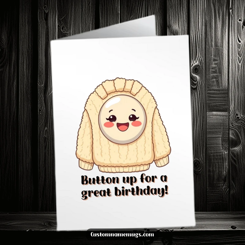 Funny Free Printable Birthday Card: Smiling button trapped on a huge fuzzy sweater, shouting Happy Birthday.