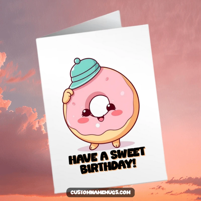 Funny Free Printable Birthday Card: Donut comically struggling to wear a tiny hat, cheerful cartoon.