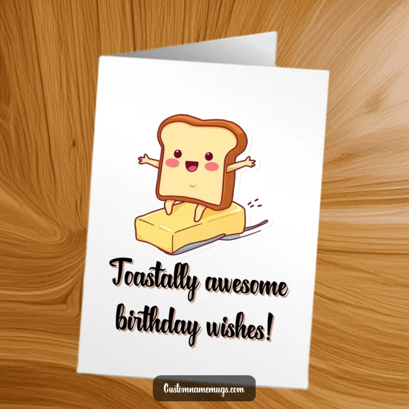 Funny free printable birthday card featuring a cheerful toast character hilariously surfing on a runaway pat of butter.