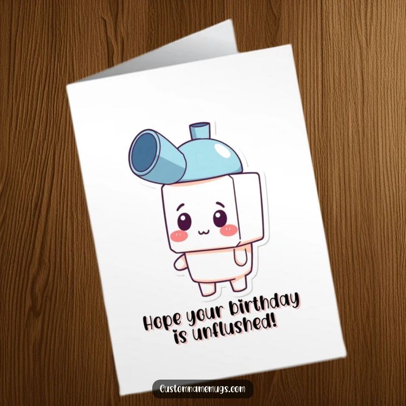 Funny Free Printable Birthday Card: Blocky character happily wears a plunger as a hat, looking confused.