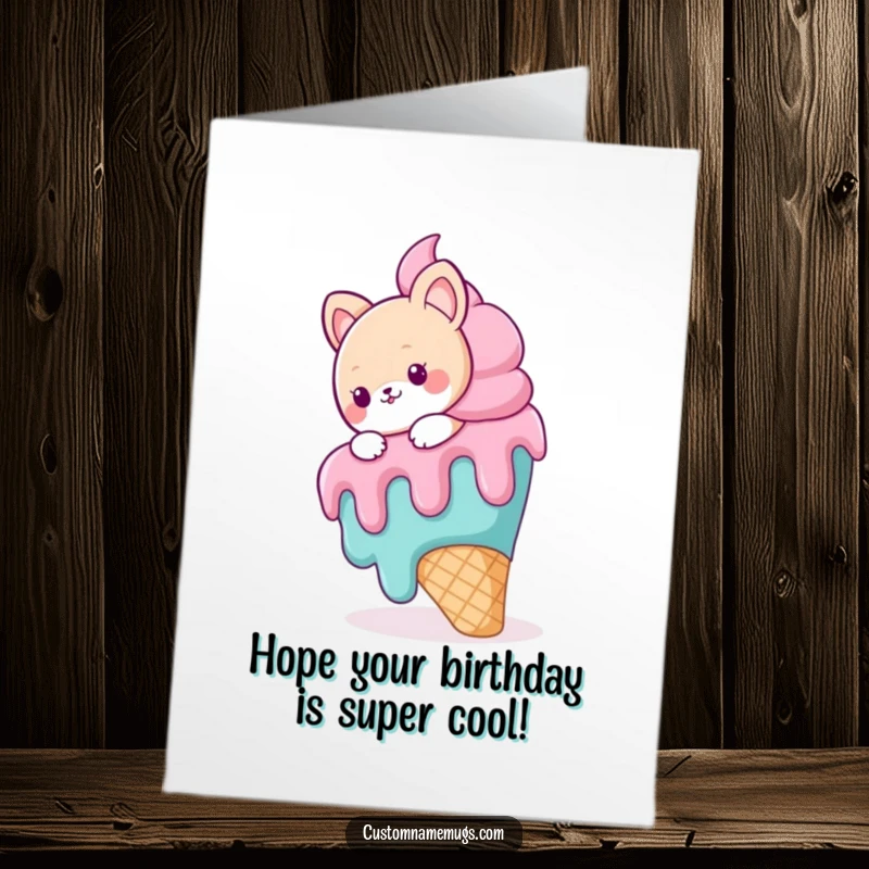 Funny Free Printable Birthday Card featuring a cute animal character comically slipping on a giant, melting ice cream cone.