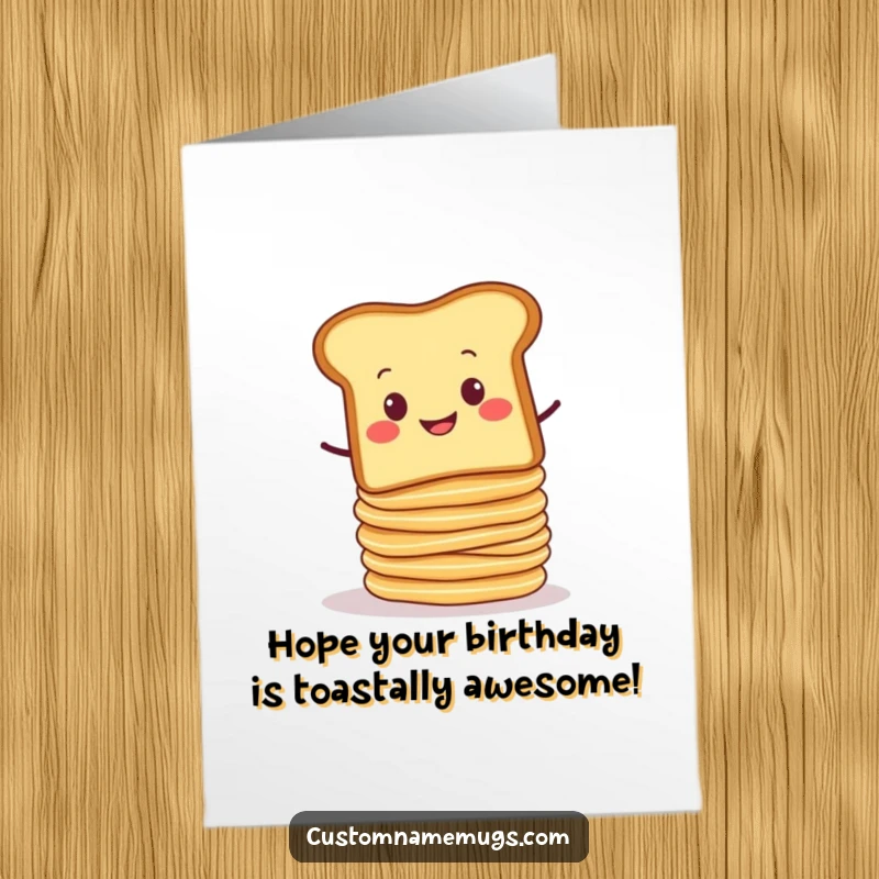 Funny Free Printable Birthday Card: Slice of toast with a smug grin balancing wobbly pancakes, a humorous birthday wish for a perfect day.