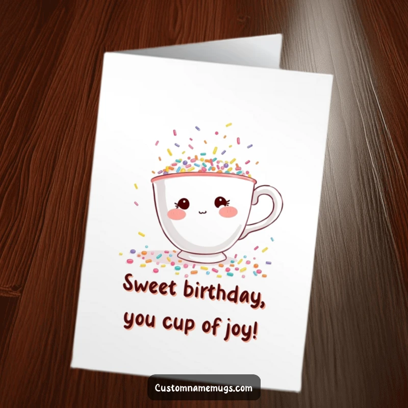 Funny Free Printable Birthday Card: A shy teacup with rosy cheeks flees a colorful sprinkle flood, looking adorably overwhelmed.