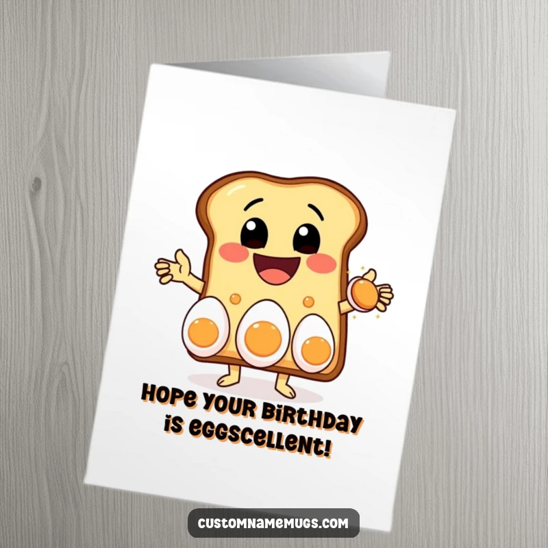 Funny Free Printable Birthday Card: Delighted toast character with a massive grin expertly juggling three eggs.