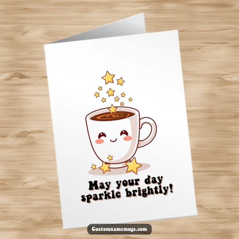 Funny Free Printable Coffee Birthday Card shows a smiling coffee cup pouring sparkling stars, wishing a magical birthday.