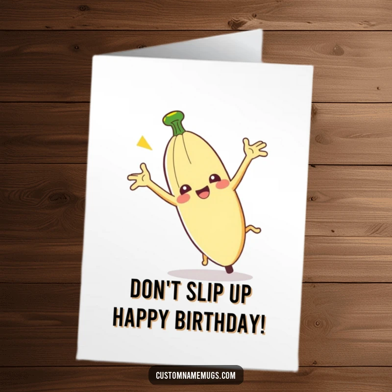 Funny Free Printable Birthday Card: A clumsy banana peel character comically slipping on itself with arms flailing wildly in the air.