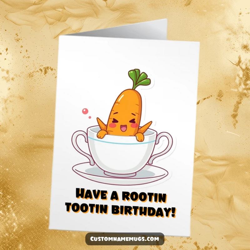 Funny Free Printable Birthday Card: A cheerful carrot character comically attempts to swim in a teacup, perfect for a whimsical wish.